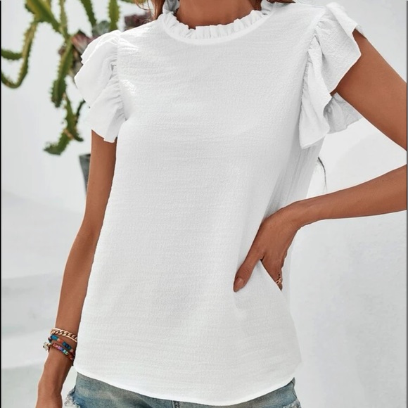 Elegant Classy Mock Neck Ruffle Butterfly Top Blouse - Picture 4 of 14